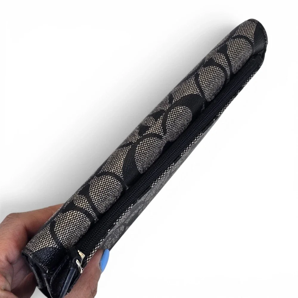 Coach Peyton Signature Jacquard Trifold Checkbook Wallet Black Gray Zip Clutch - Picture 8 of 11